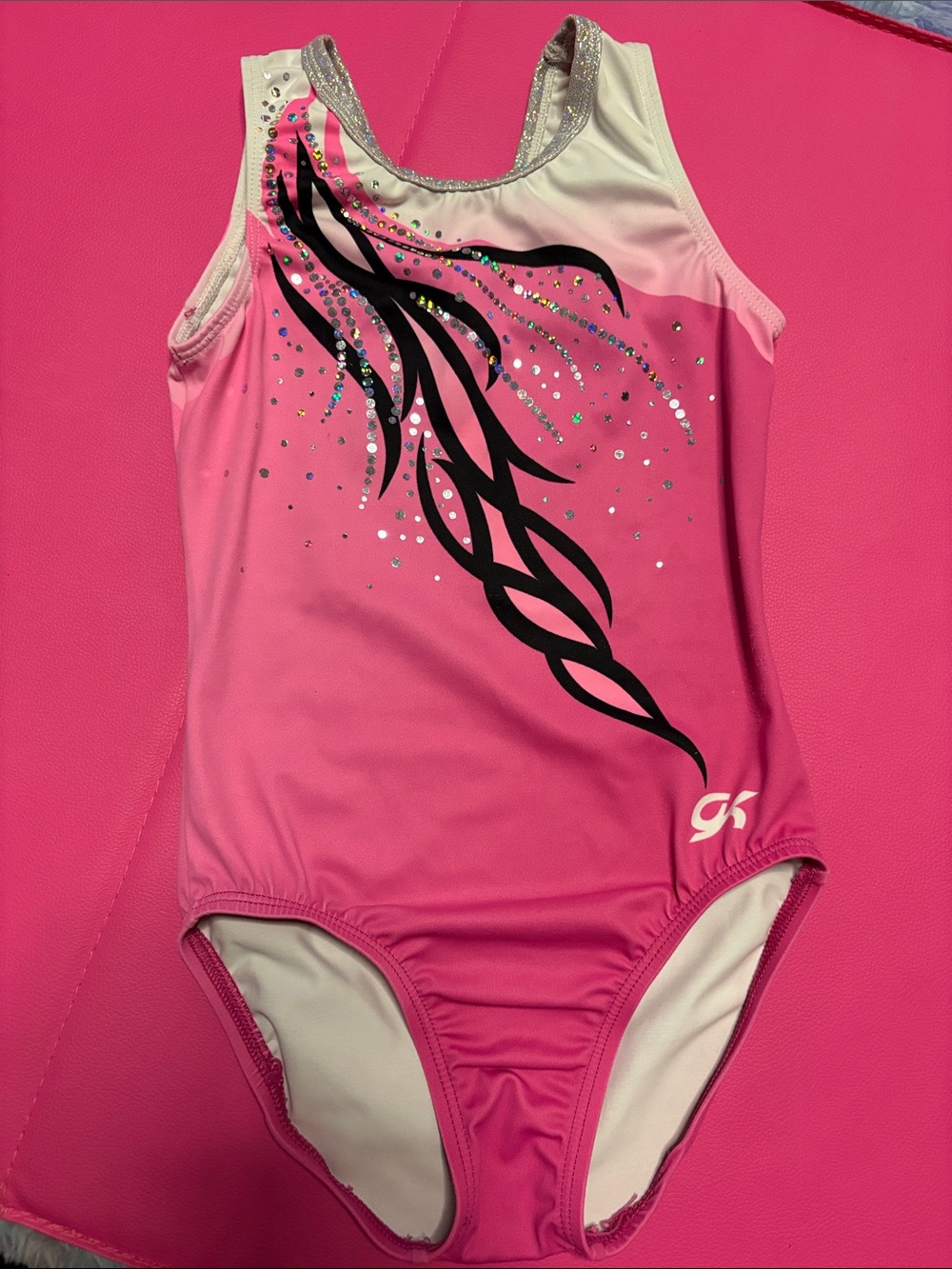 GK Pink Ombre Gymnastics Leotard with Black Swirl & Silver Rhinestones